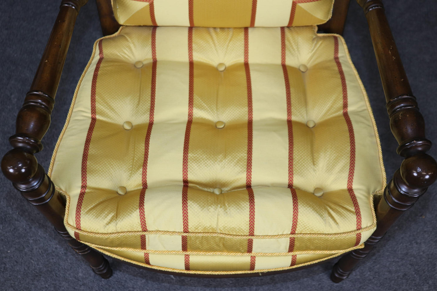 Incredible Pair of French Empire Style Walnut and Vibrant Yellow Bergere Chairs