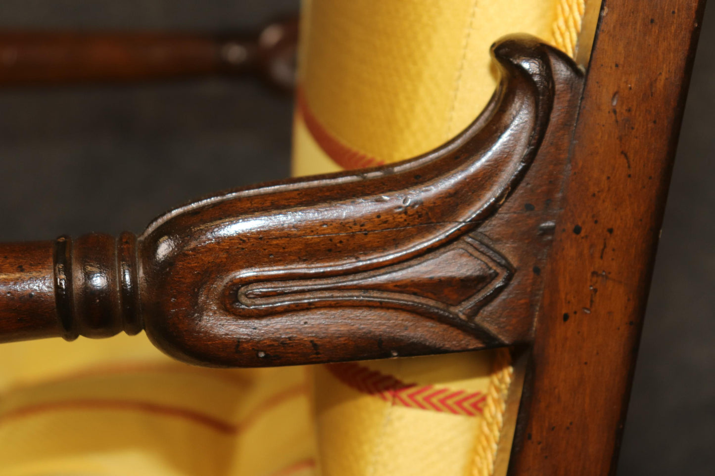 Incredible Pair of French Empire Style Walnut and Vibrant Yellow Bergere Chairs