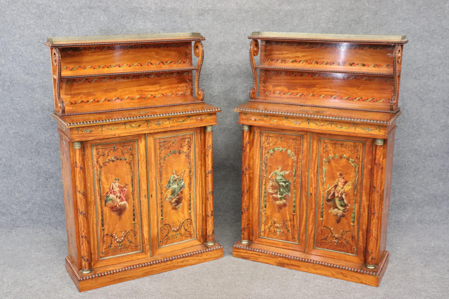 Pair of Exceptional Adams Paint Decorated Satinwood English Side Cabinets