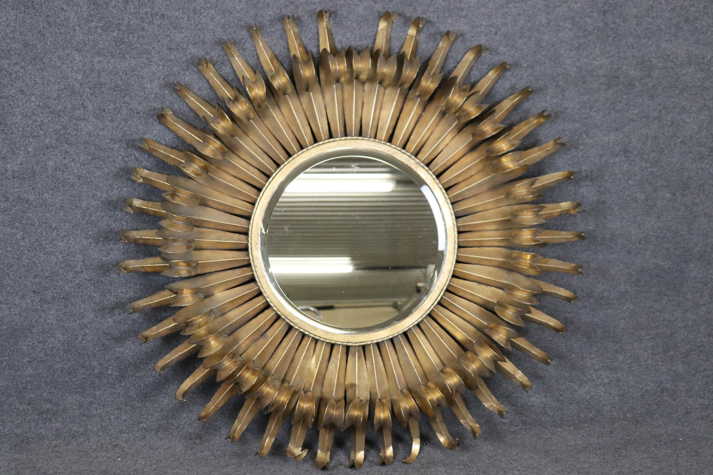 Retro Mid Century Modern Style Bent Gold Metal Sunburst With Beveled Mirror