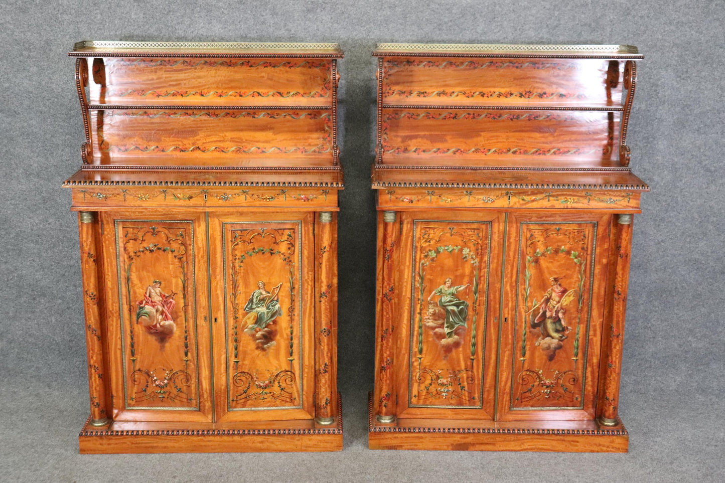 Pair of Exceptional Adams Paint Decorated Satinwood English Side Cabinets