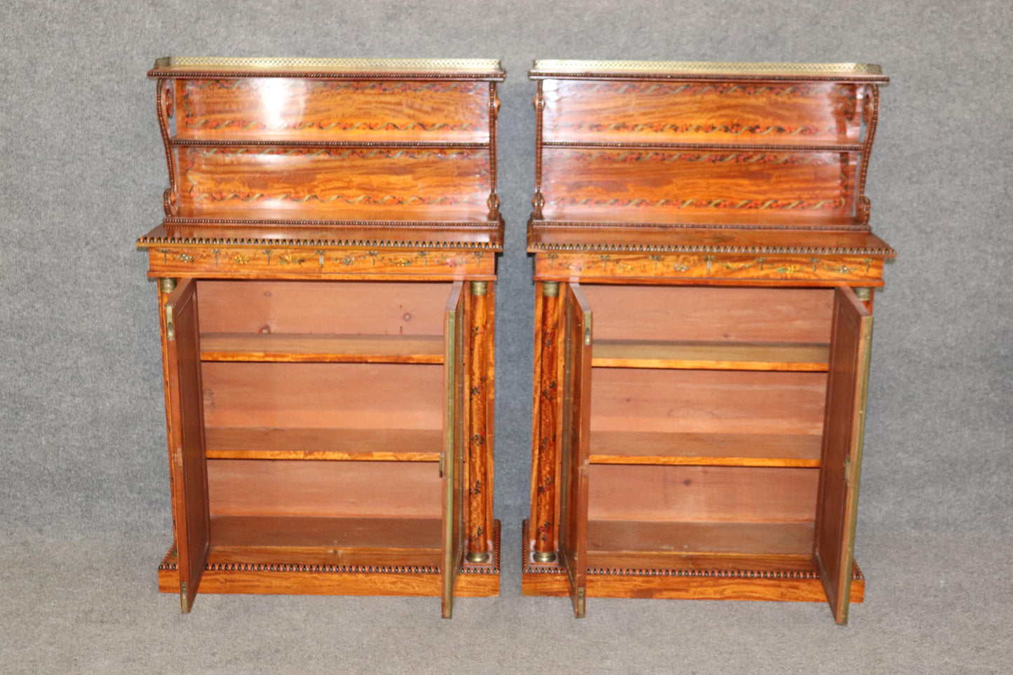 Pair of Exceptional Adams Paint Decorated Satinwood English Side Cabinets