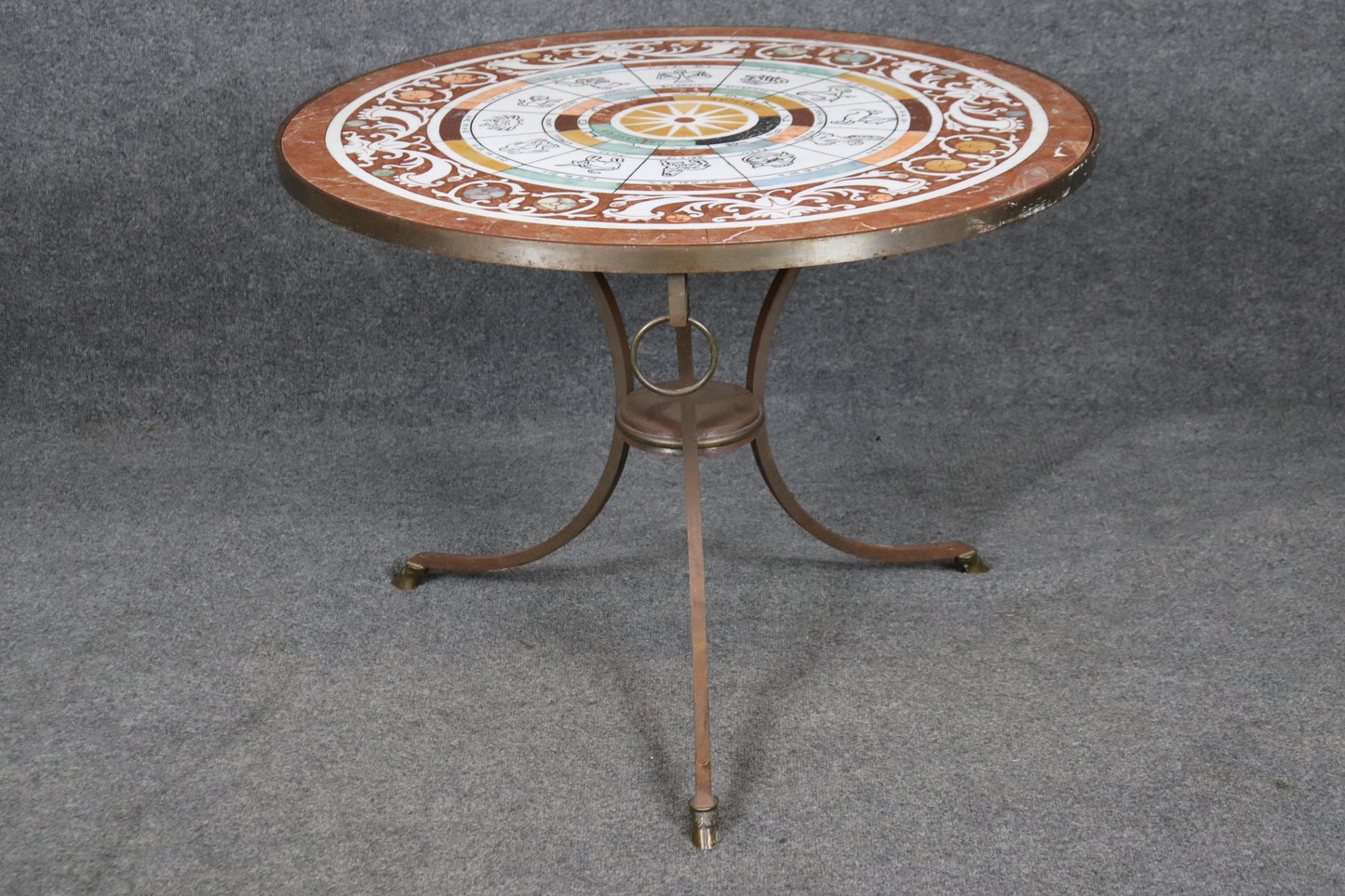 Pietra Dura Italian Zodiac Specimen Marble Iron Brass Italian Gueridon Table