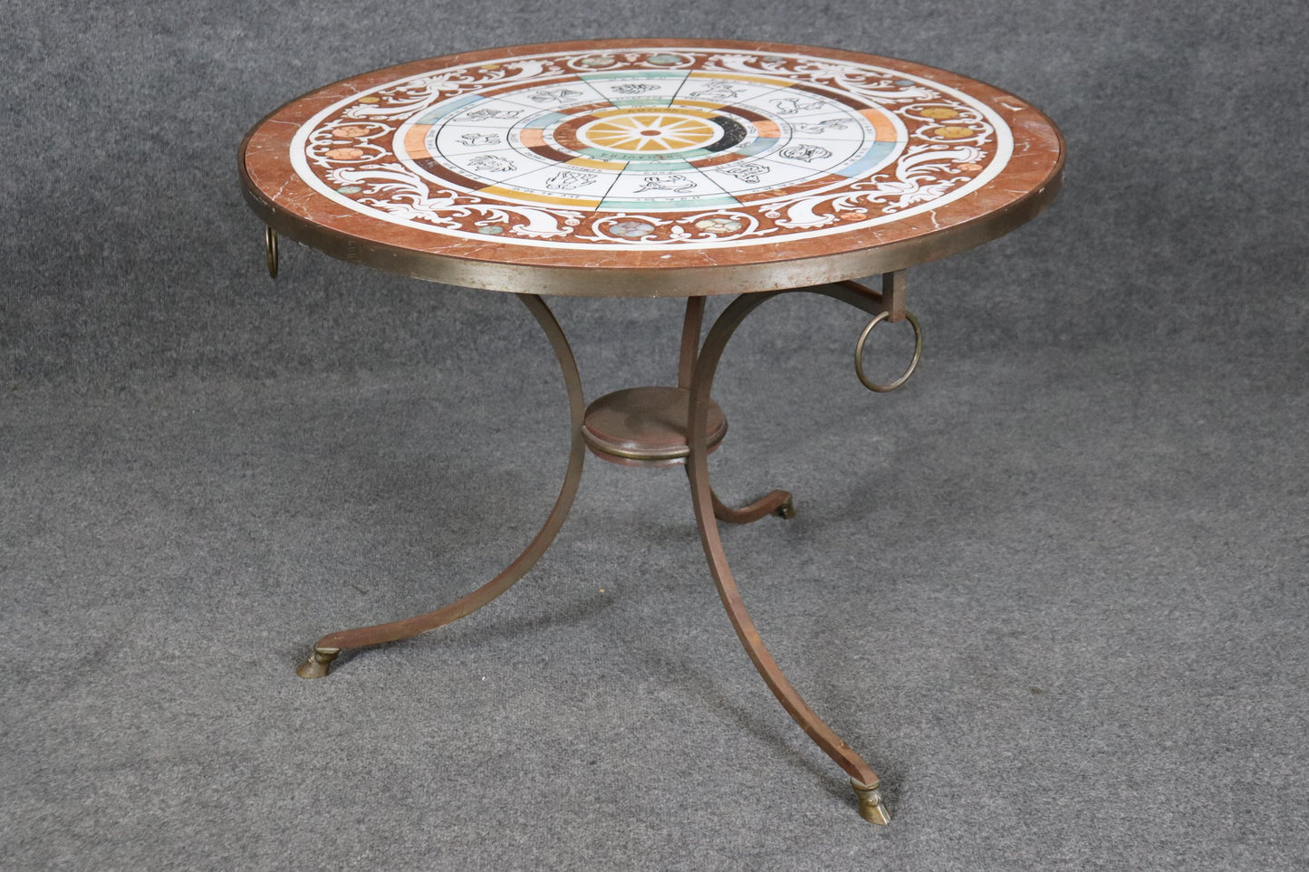 Pietra Dura Italian Zodiac Specimen Marble Iron Brass Italian Gueridon Table