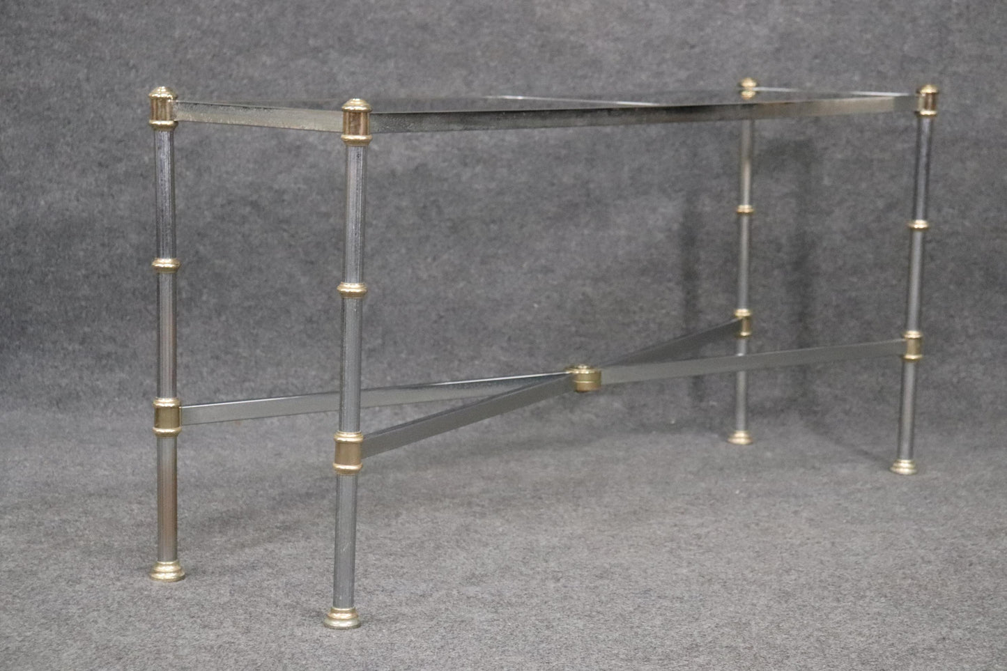 Maison Jansen Style Directoire Chromed Steel Console Table with Smoked Glass