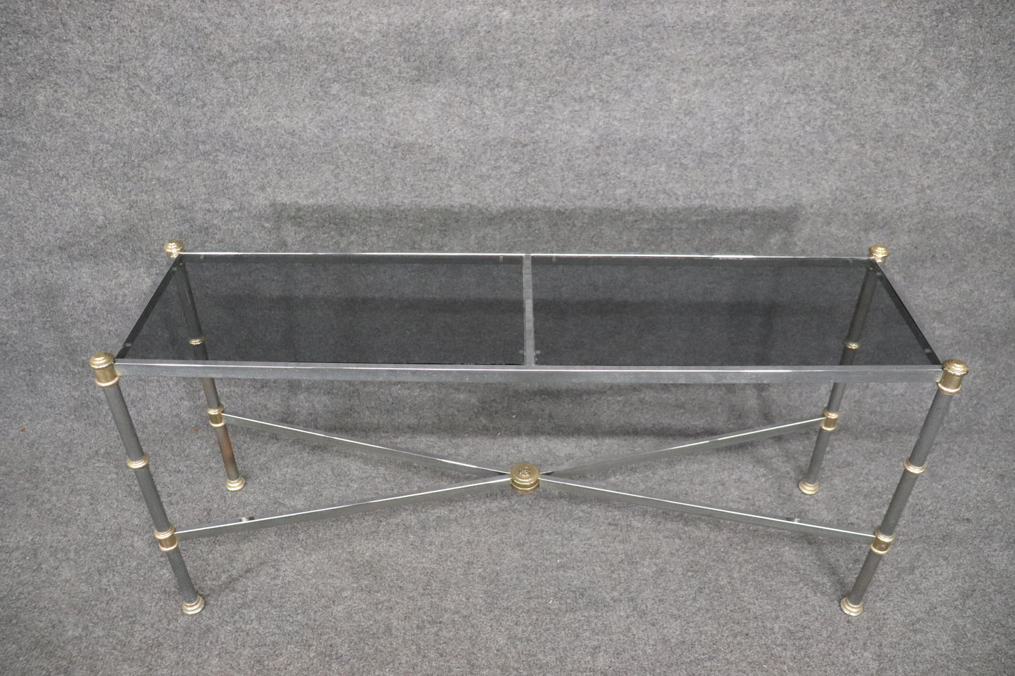 Maison Jansen Style Directoire Chromed Steel Console Table with Smoked Glass