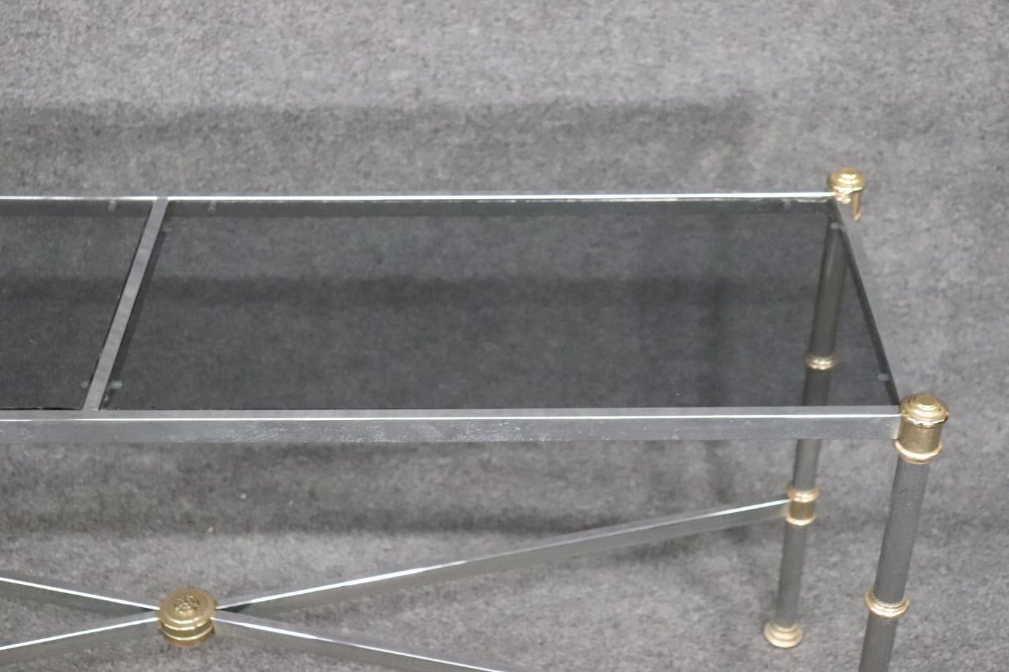 Maison Jansen Style Directoire Chromed Steel Console Table with Smoked Glass