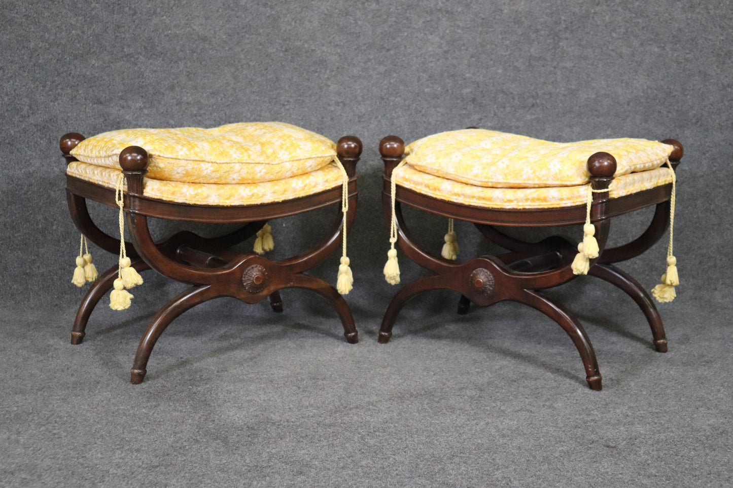 Pair Maison Jansen Attributed Mahogany French Directoire Footstools, Circa 1960s