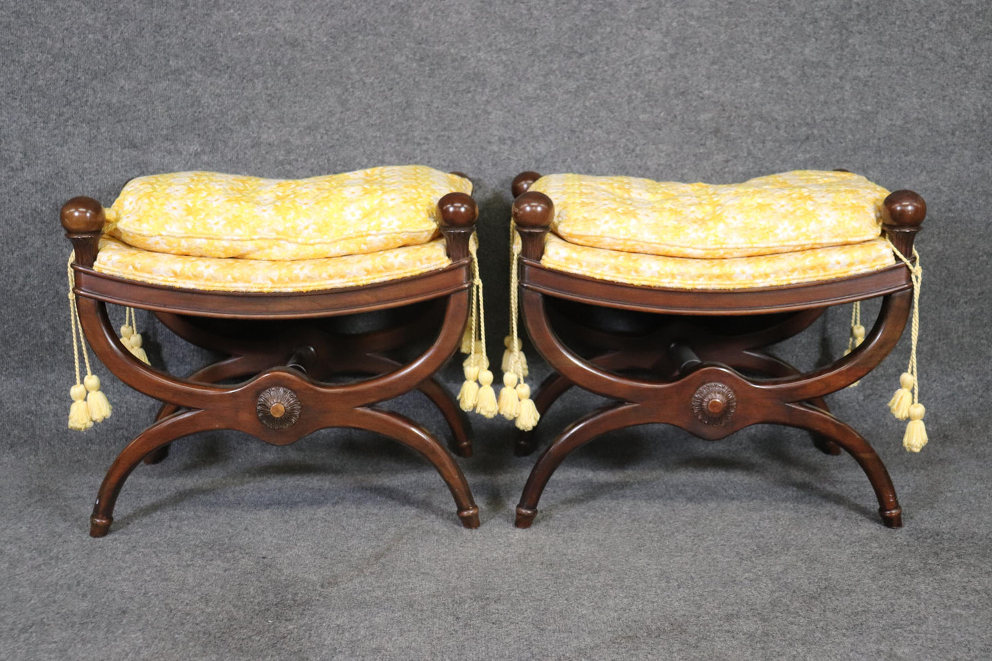 Pair Maison Jansen Attributed Mahogany French Directoire Footstools, Circa 1960s