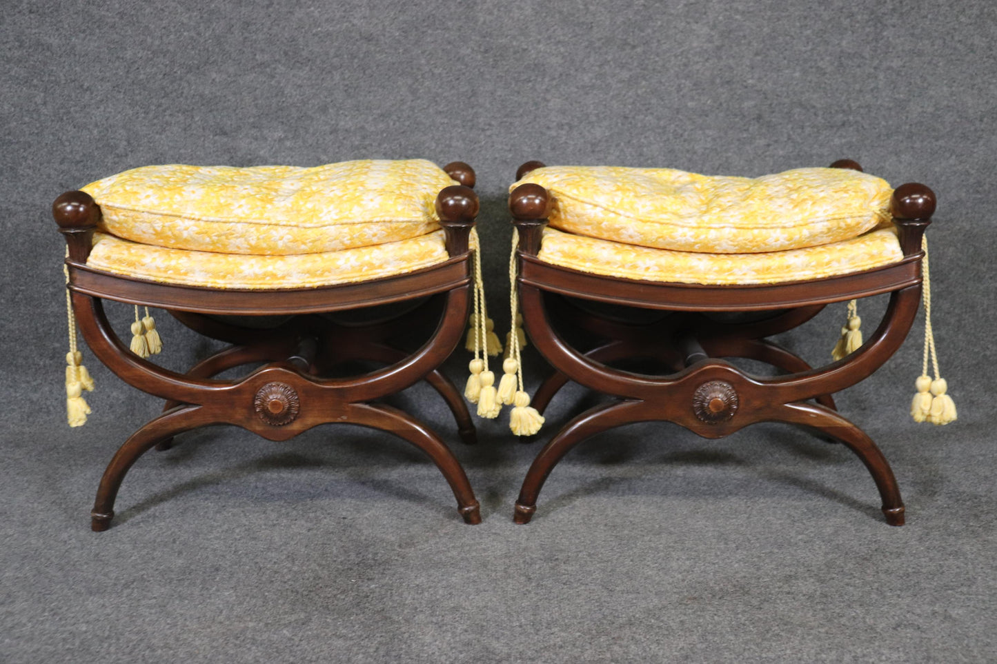 Pair Maison Jansen Attributed Mahogany French Directoire Footstools, Circa 1960s