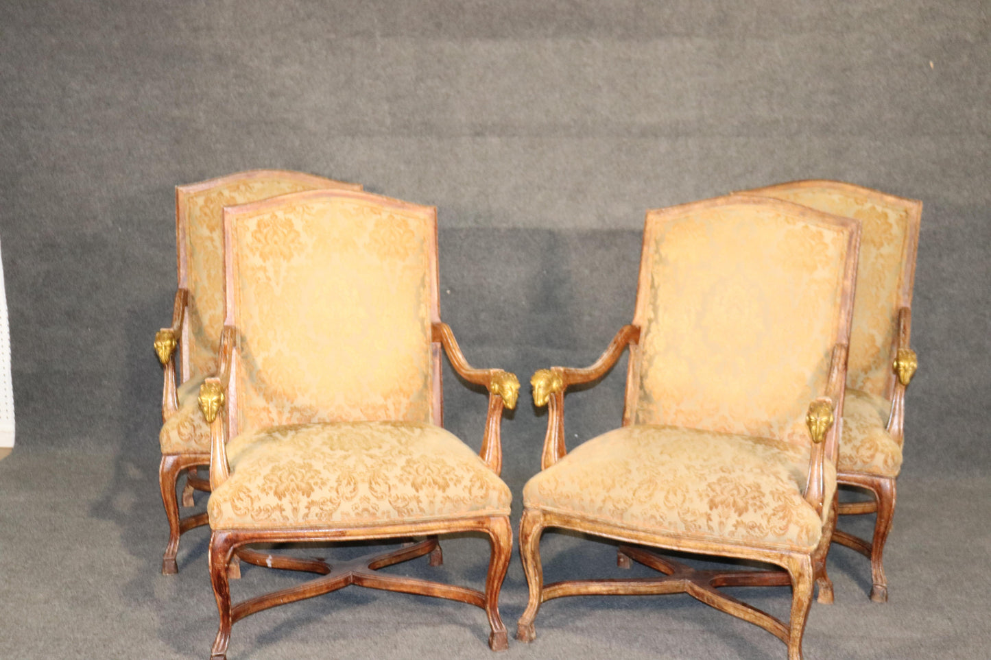 Set 4 French Paint Decorated Giltwood Rams Head Armchairs Dining Office Chairs