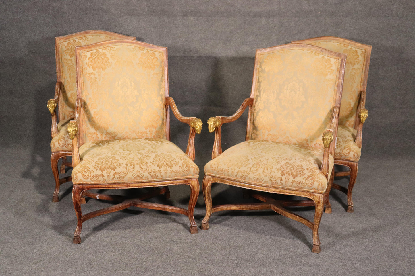 Set 4 French Paint Decorated Giltwood Rams Head Armchairs Dining Office Chairs