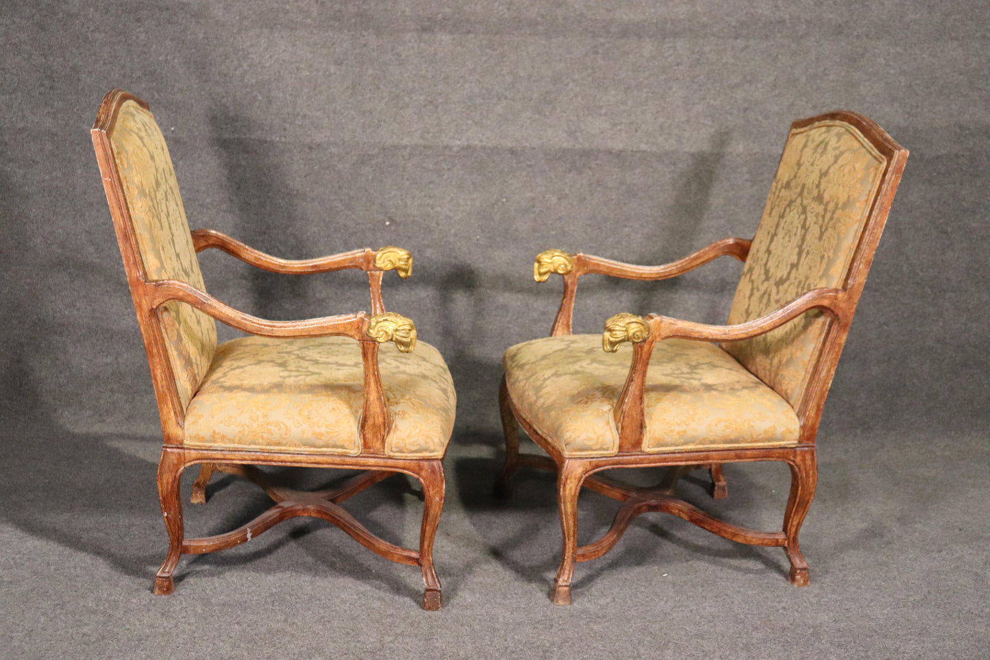 Set 4 French Paint Decorated Giltwood Rams Head Armchairs Dining Office Chairs