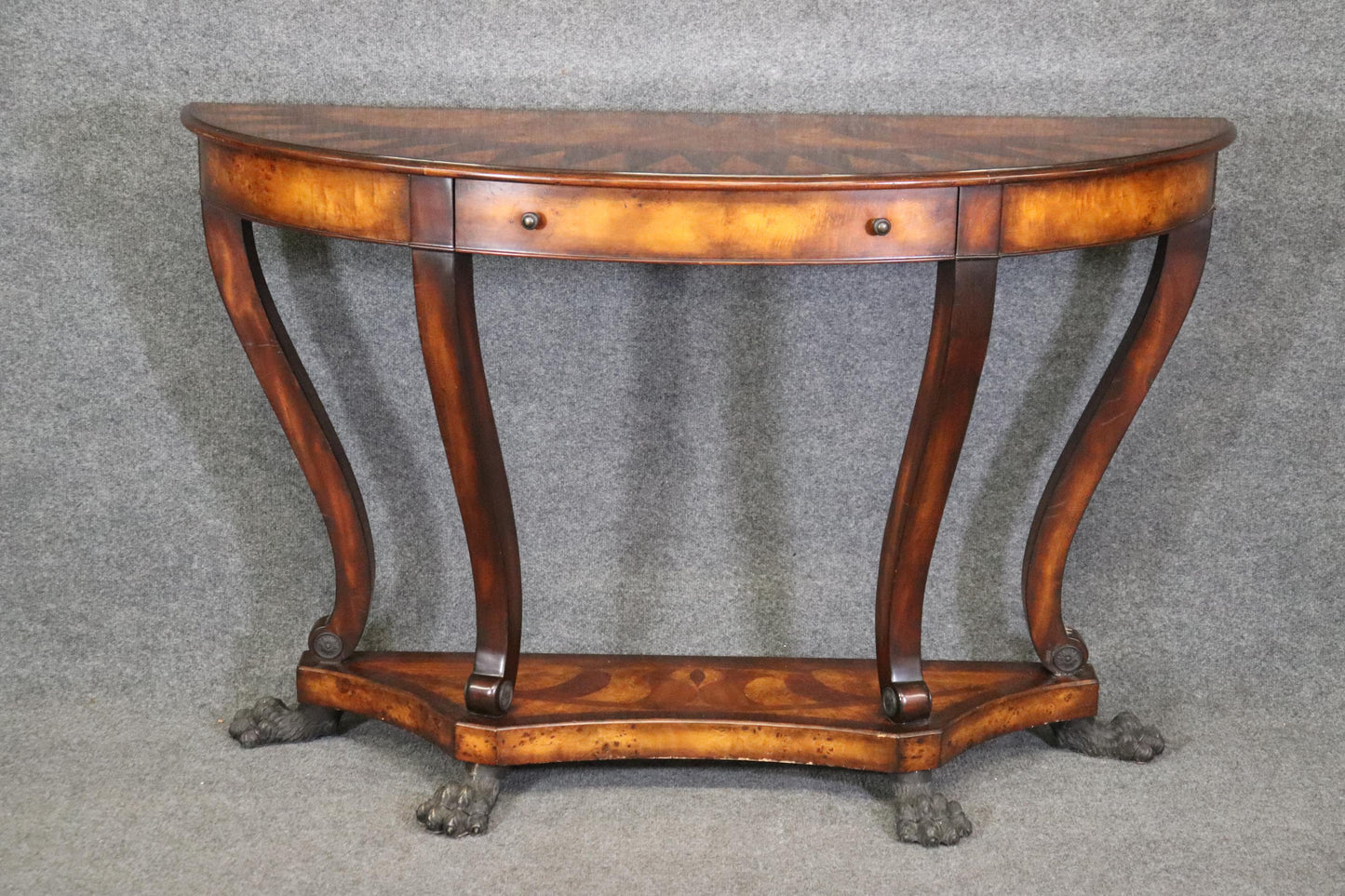 Theodore Alexander Inlaid Bronze Paw Footed Burled Walnut Console Table