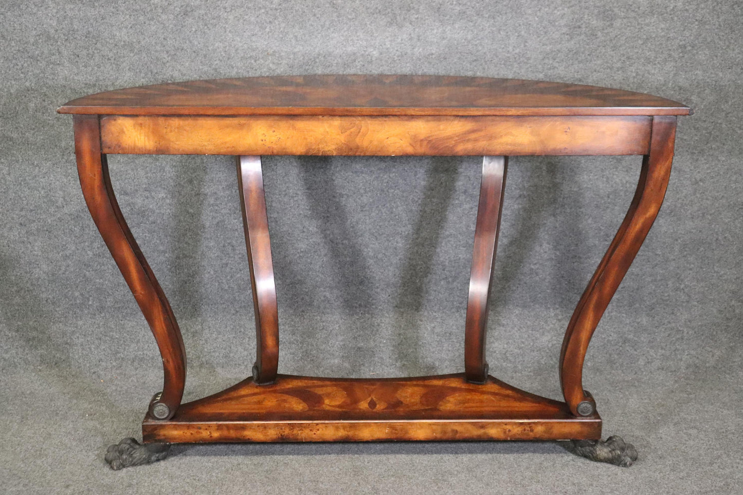 Theodore Alexander Inlaid Bronze Paw Footed Burled Walnut Console Table