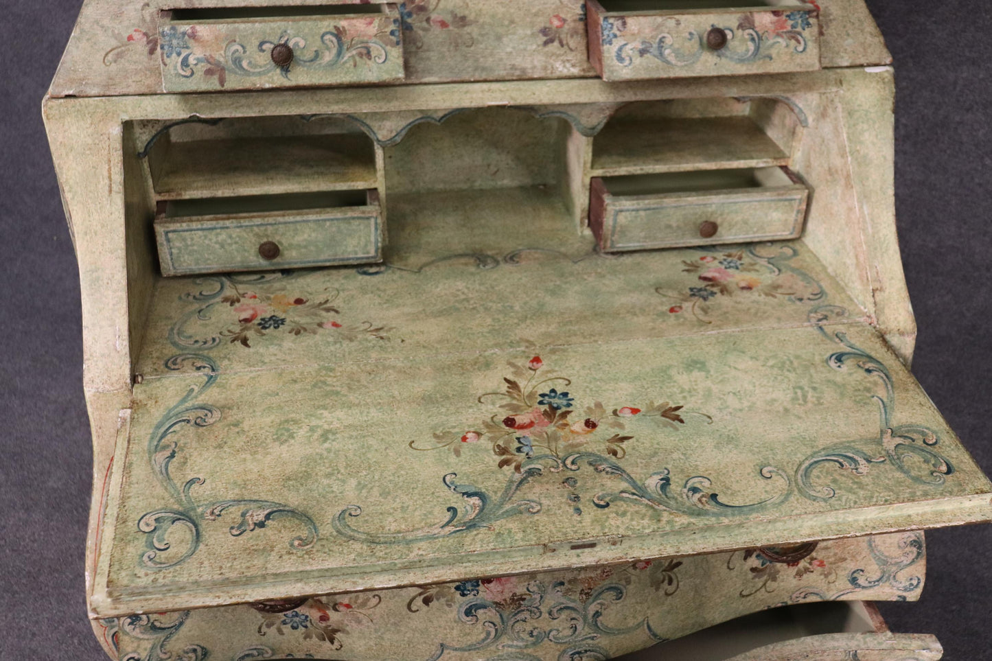 Unique Venetian Italian Paint Decorated Secretary Desk with Bookcase Circa 1890s