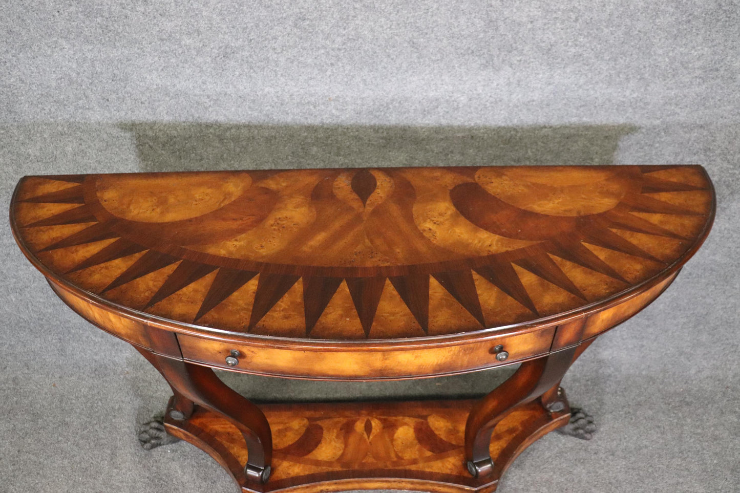 Theodore Alexander Inlaid Bronze Paw Footed Burled Walnut Console Table