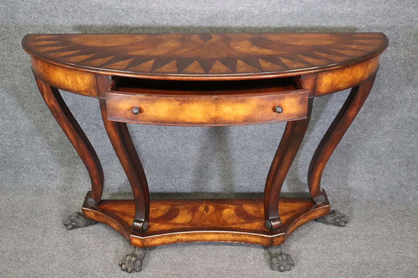 Theodore Alexander Inlaid Bronze Paw Footed Burled Walnut Console Table