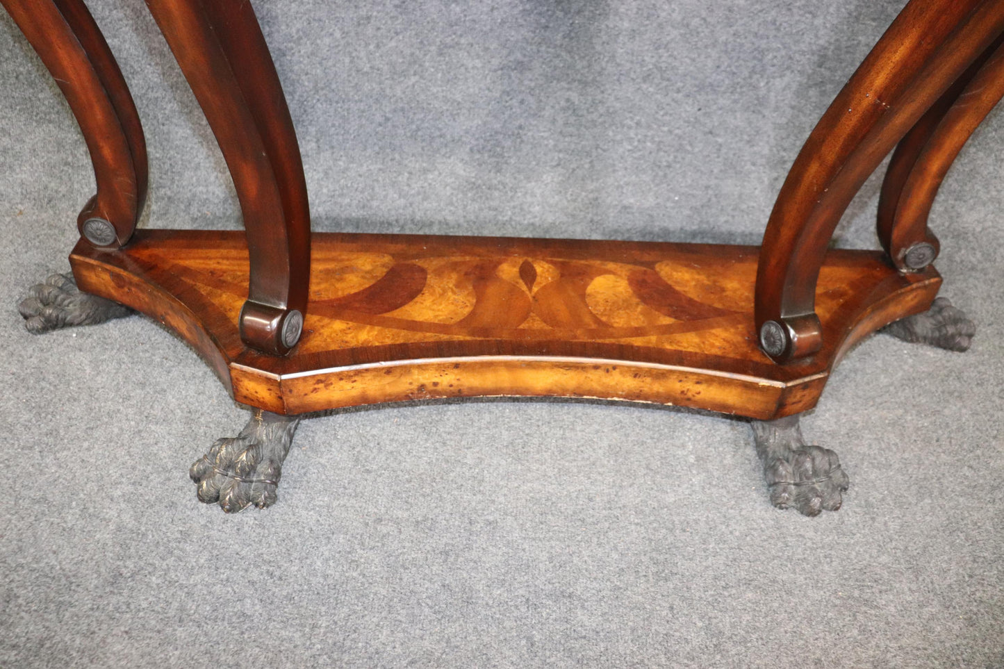 Theodore Alexander Inlaid Bronze Paw Footed Burled Walnut Console Table