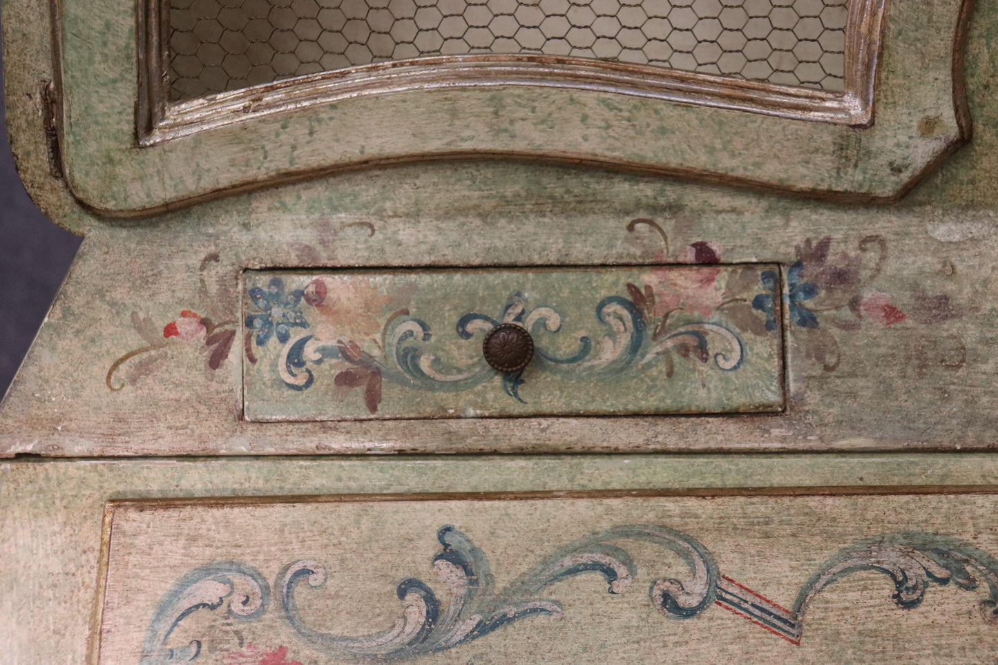 Unique Venetian Italian Paint Decorated Secretary Desk with Bookcase Circa 1890s