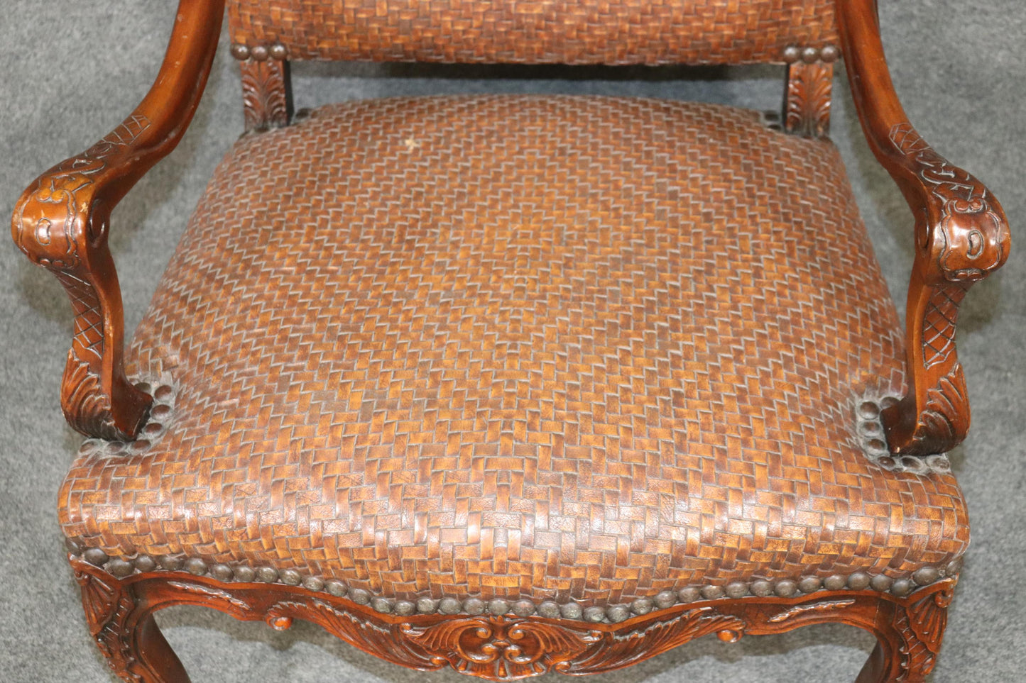 Mahogany Woven Leather Upholstered French Louis XV Theodore Alexander Armchair