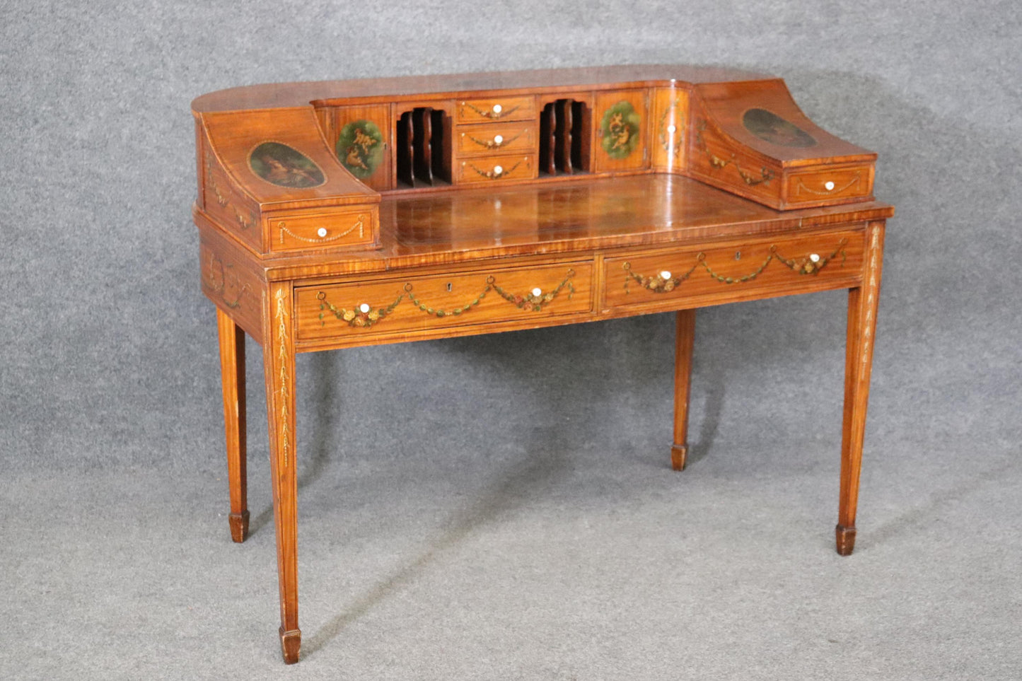 Fine Quality English Satinwood Carlton House Desk with Cherubs and Musical Theme