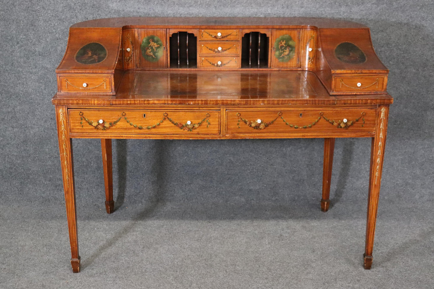 Fine Quality English Satinwood Carlton House Desk with Cherubs and Musical Theme