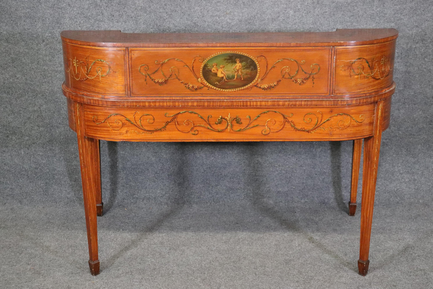 Fine Quality English Satinwood Carlton House Desk with Cherubs and Musical Theme