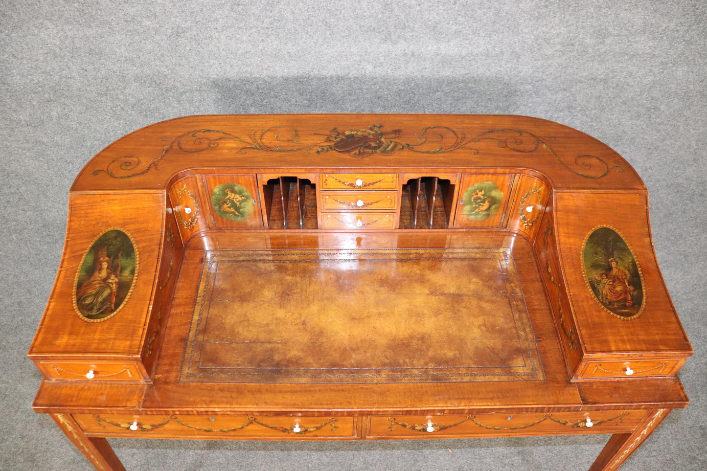 Fine Quality English Satinwood Carlton House Desk with Cherubs and Musical Theme