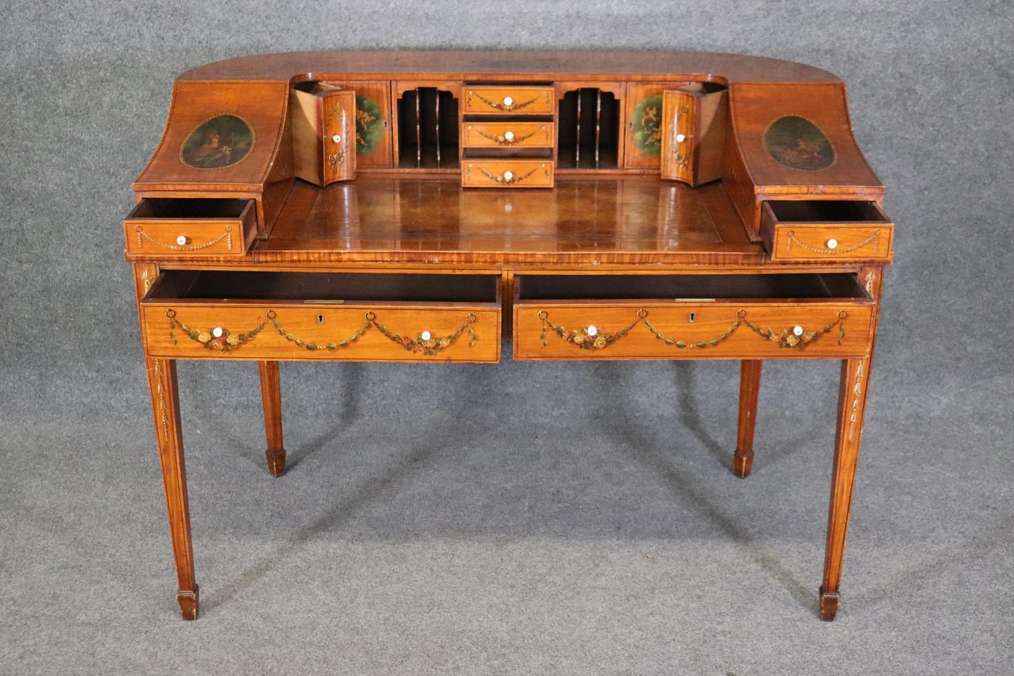 Fine Quality English Satinwood Carlton House Desk with Cherubs and Musical Theme