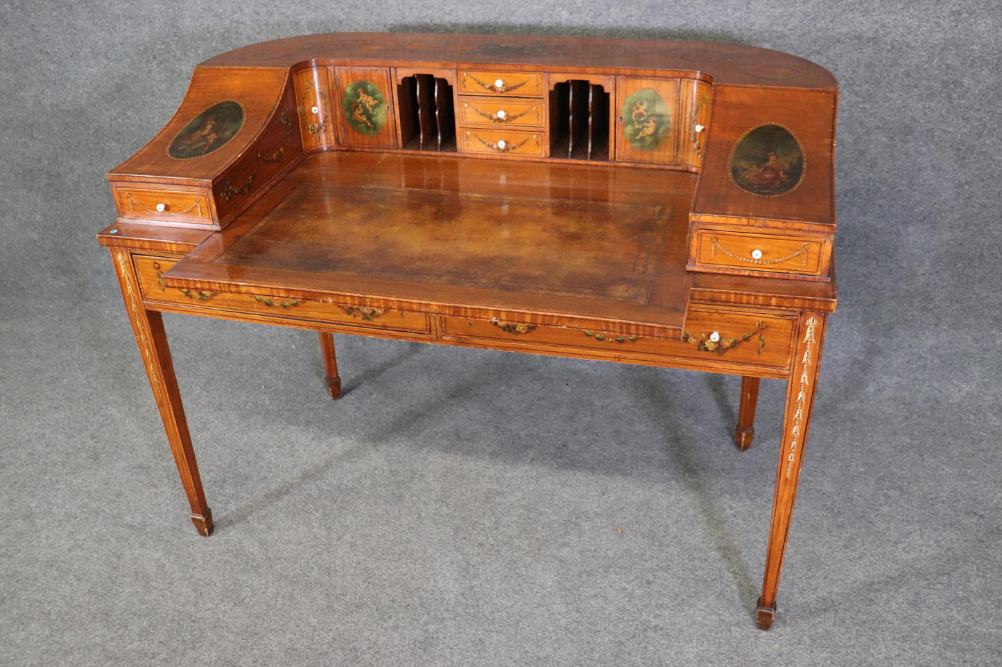 Fine Quality English Satinwood Carlton House Desk with Cherubs and Musical Theme