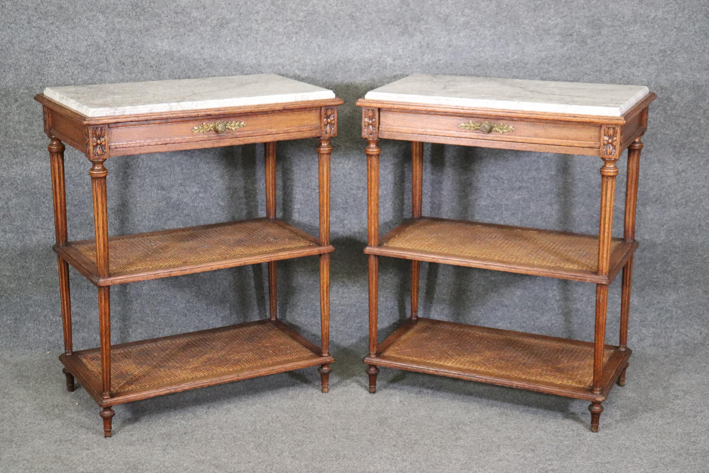 Pair of Marble Top Walnut and Cane Louis XVI End Side Tables Signed Picard