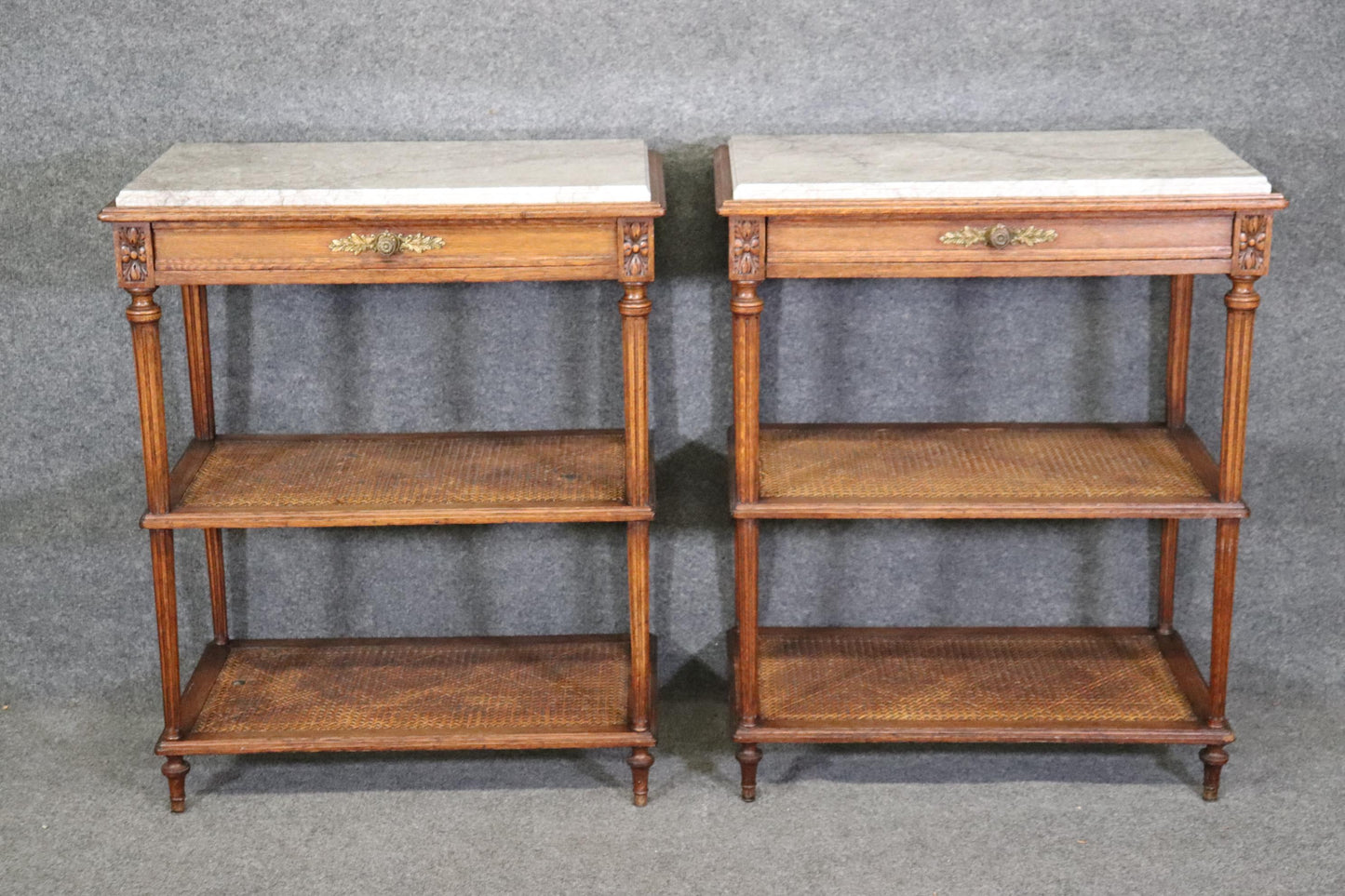 Pair of Marble Top Walnut and Cane Louis XVI End Side Tables Signed Picard