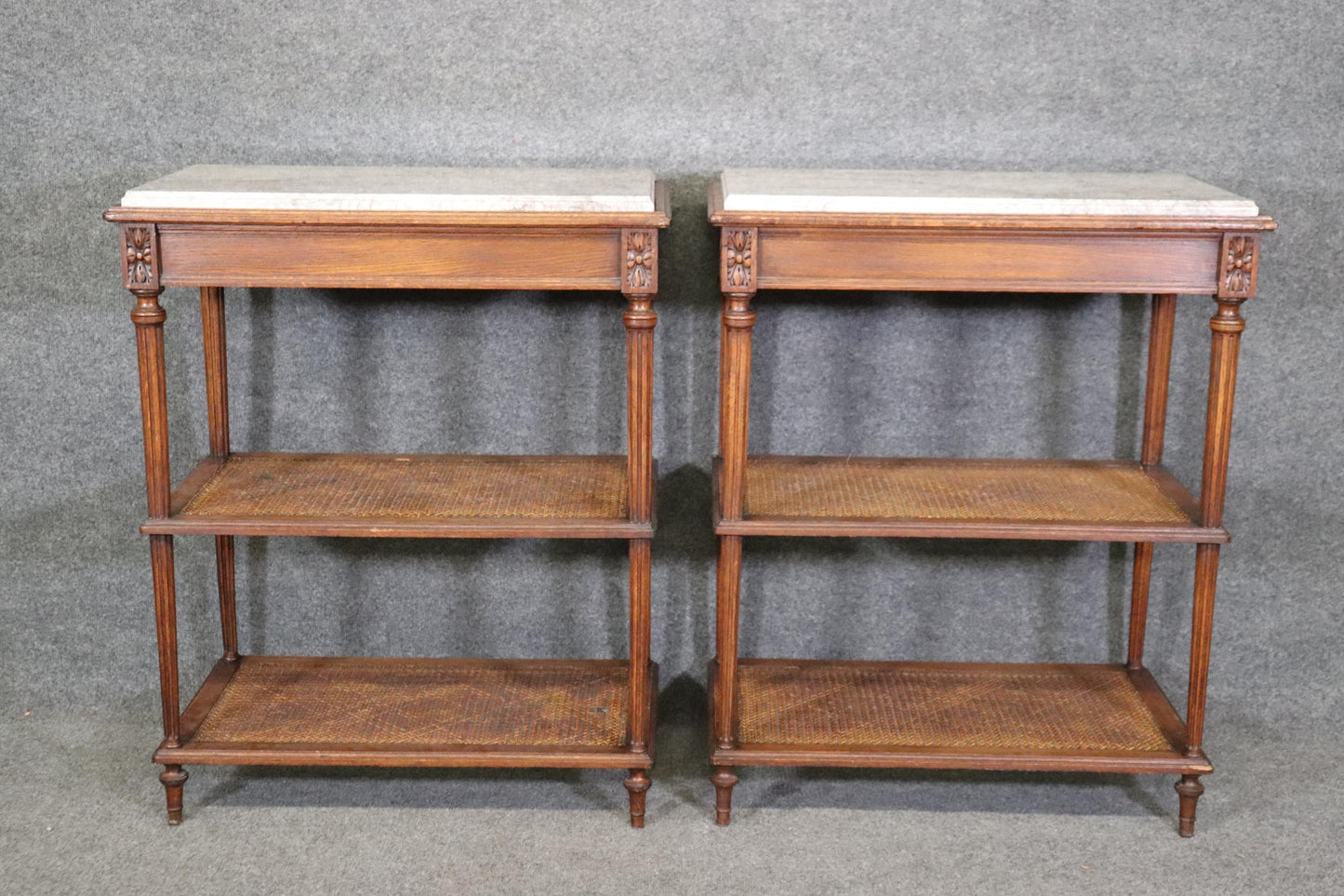 Pair of Marble Top Walnut and Cane Louis XVI End Side Tables Signed Picard