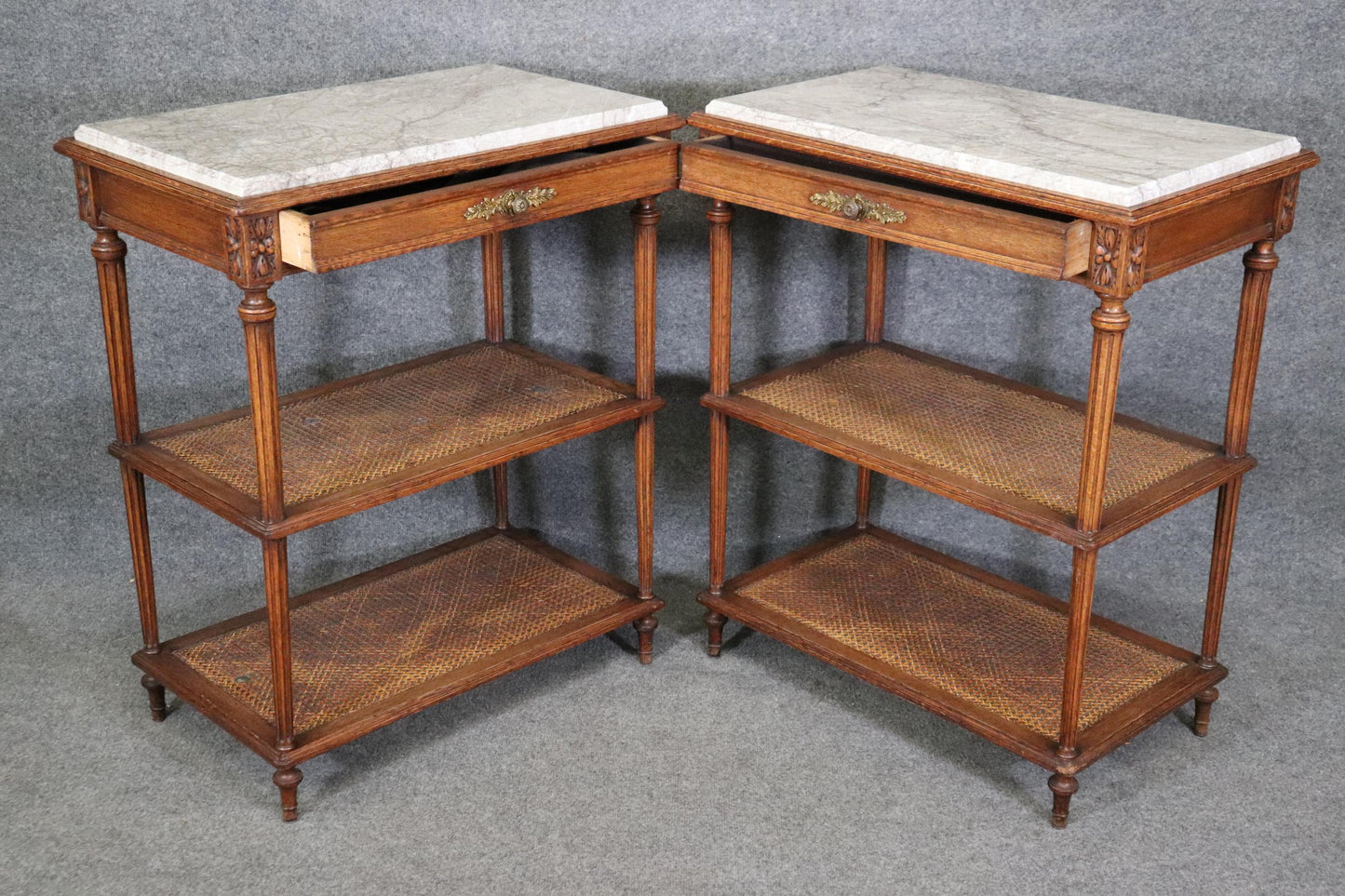 Pair of Marble Top Walnut and Cane Louis XVI End Side Tables Signed Picard