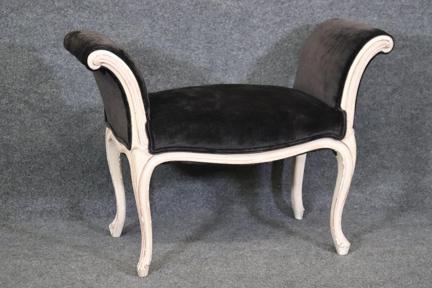 Graceful French Louis XV Black Velvet Upholstered Distressed White Painted Stool