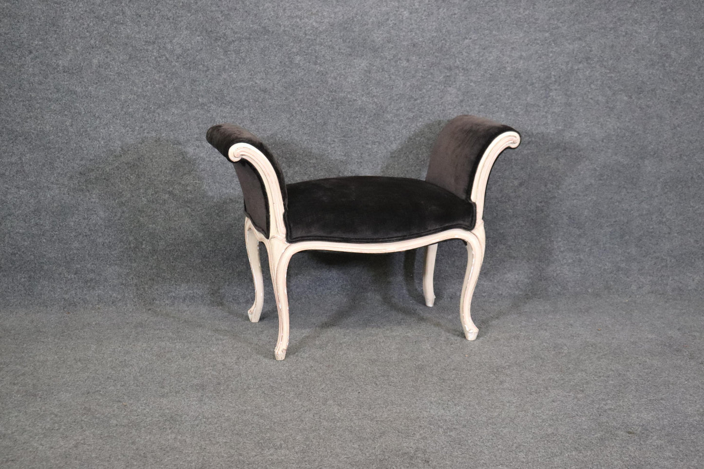 Graceful French Louis XV Black Velvet Upholstered Distressed White Painted Stool