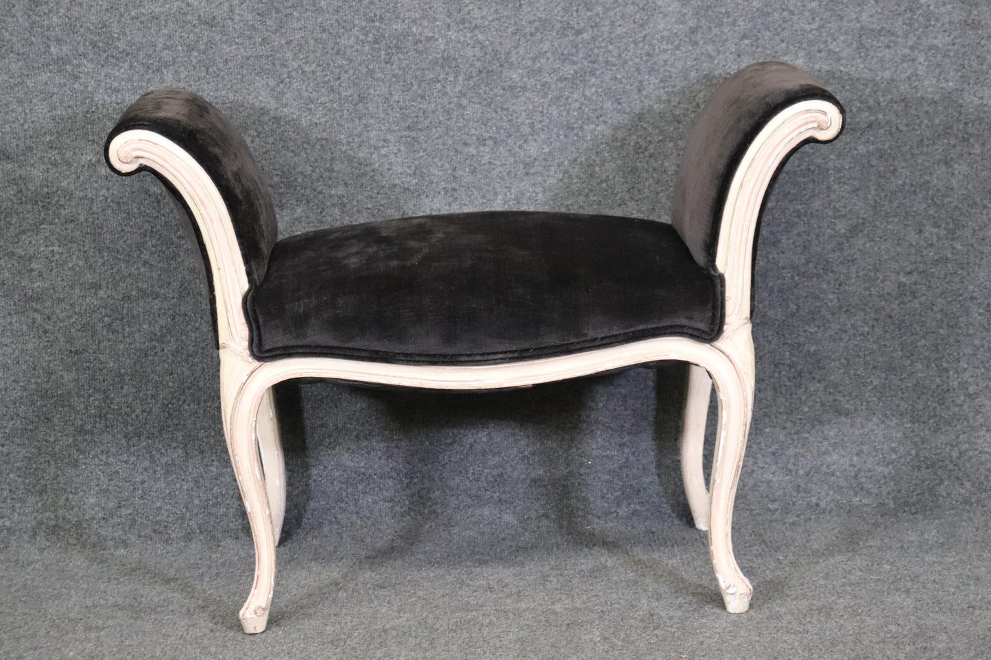 Graceful French Louis XV Black Velvet Upholstered Distressed White Painted Stool