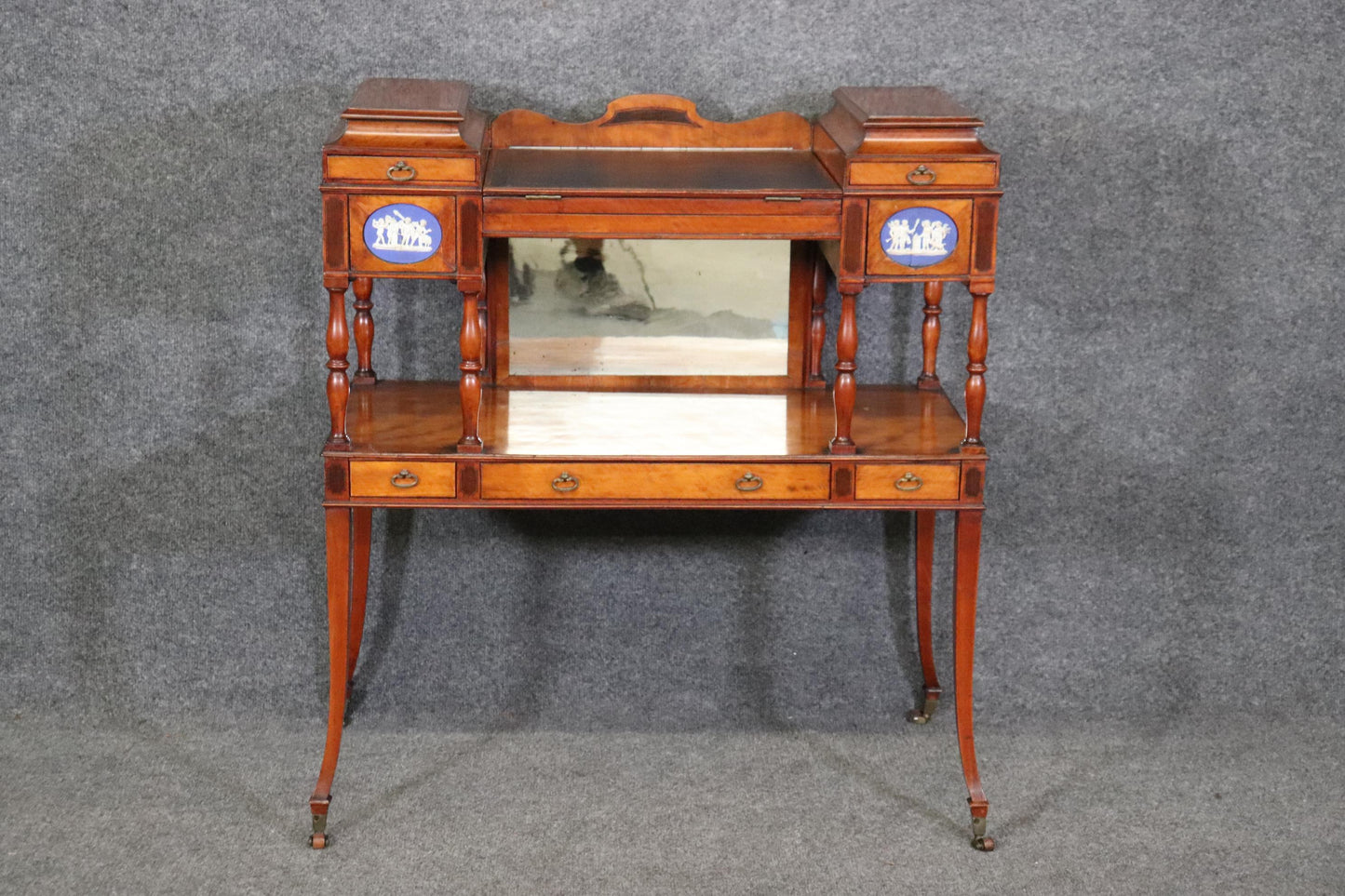 Edwardian Satinwood Adjustable Ladies Writing Desk with Wedgewood Plaque Cherubs