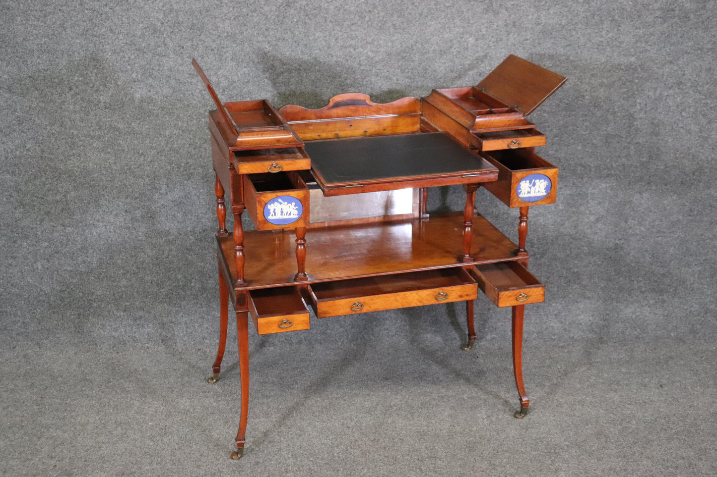 Edwardian Satinwood Adjustable Ladies Writing Desk with Wedgewood Plaque Cherubs