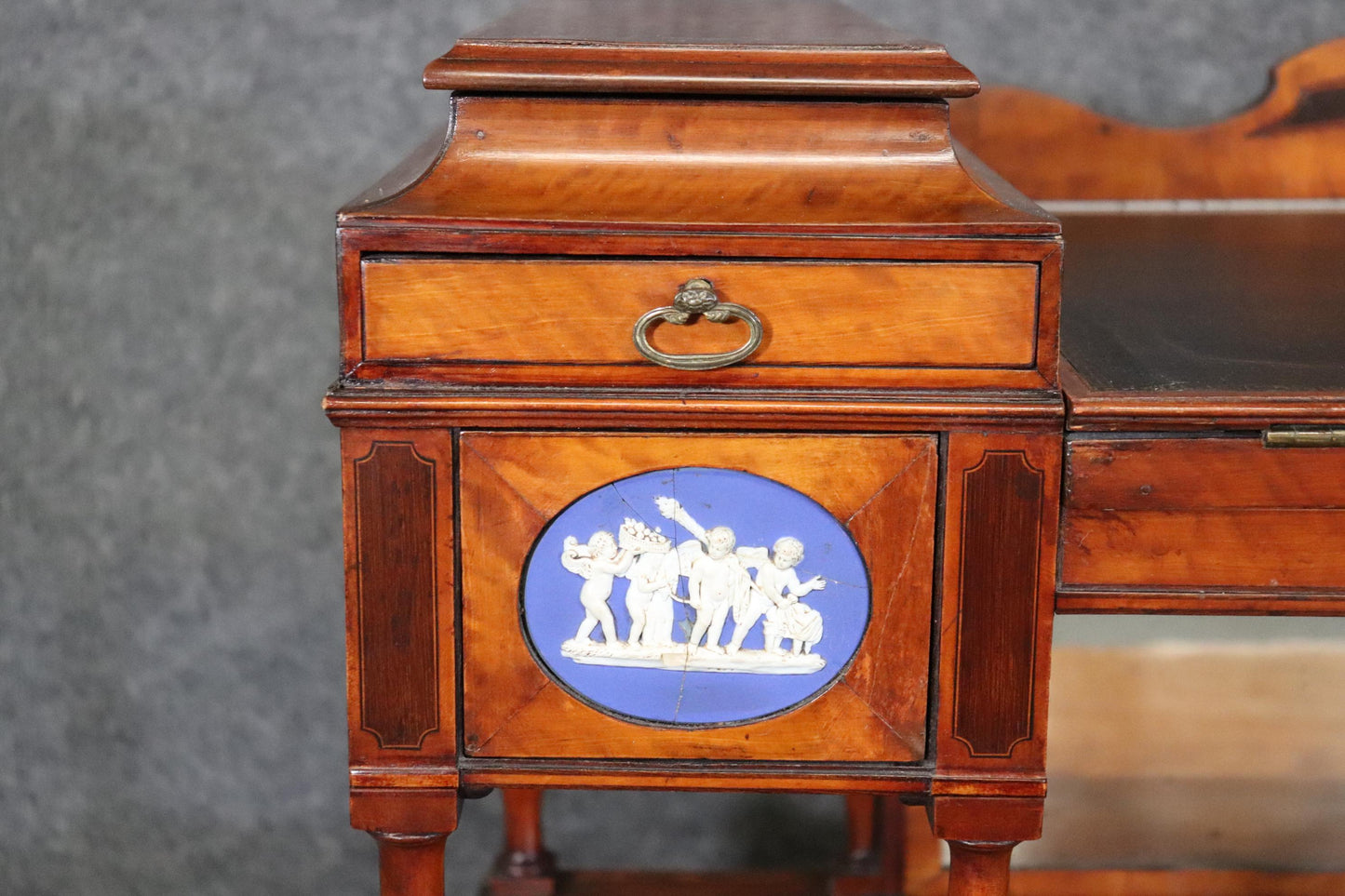 Edwardian Satinwood Adjustable Ladies Writing Desk with Wedgewood Plaque Cherubs