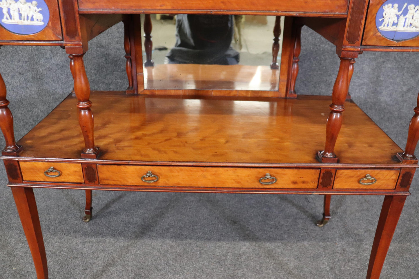 Edwardian Satinwood Adjustable Ladies Writing Desk with Wedgewood Plaque Cherubs