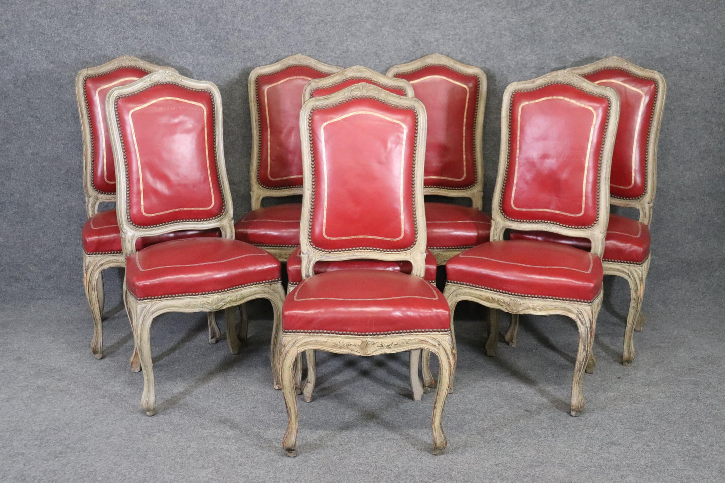 Fine Set 8 Red Leather Gold Embossed Tall French Louis XV Painted Dining Chairs