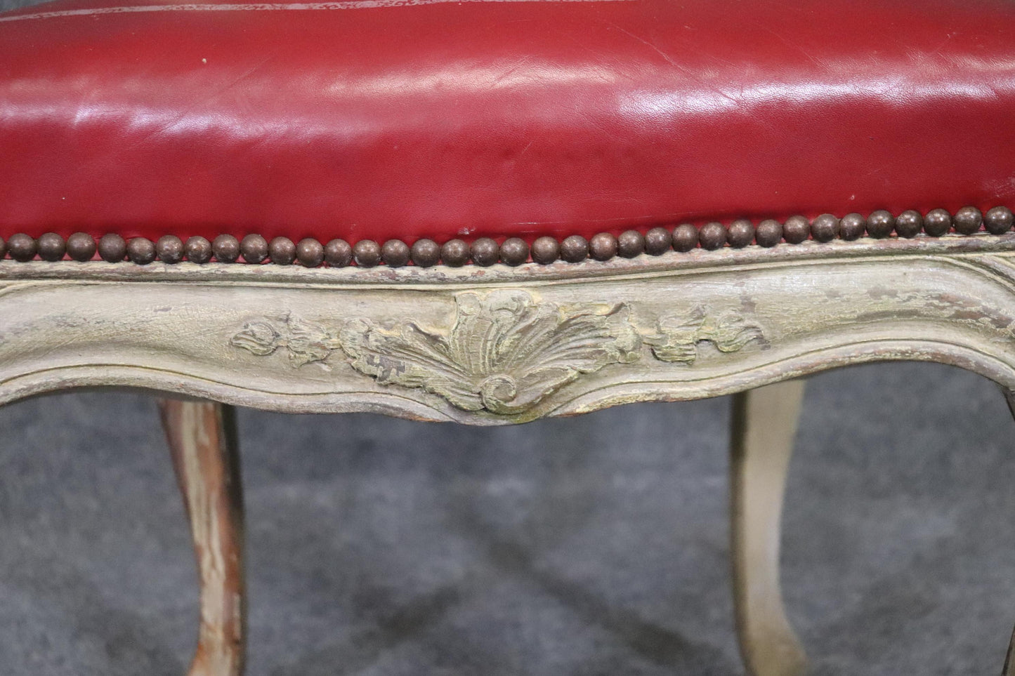 Fine Set 8 Red Leather Gold Embossed Tall French Louis XV Painted Dining Chairs