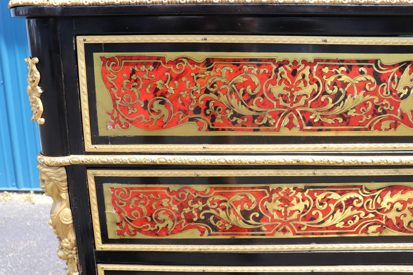 Superb Etched Mirror Brass Inlaid Marble Top Boulle Style Dresser Secretary Desk