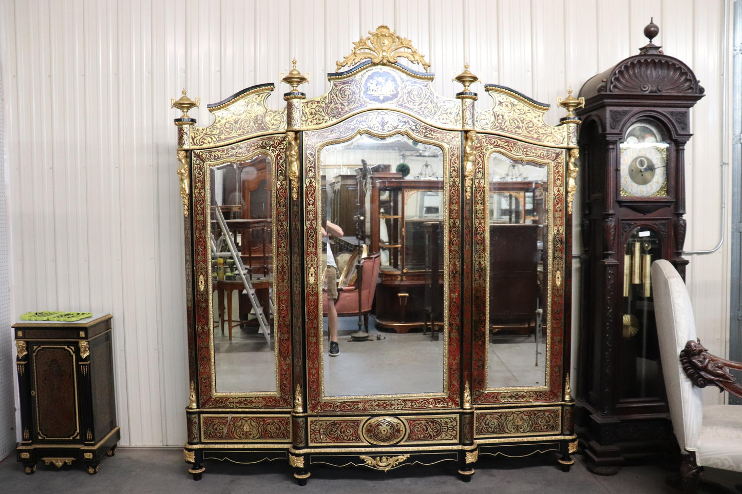 Monumental Brass Inlaid boulle Style Dor'e Figural Bronze Mirrored Armoire