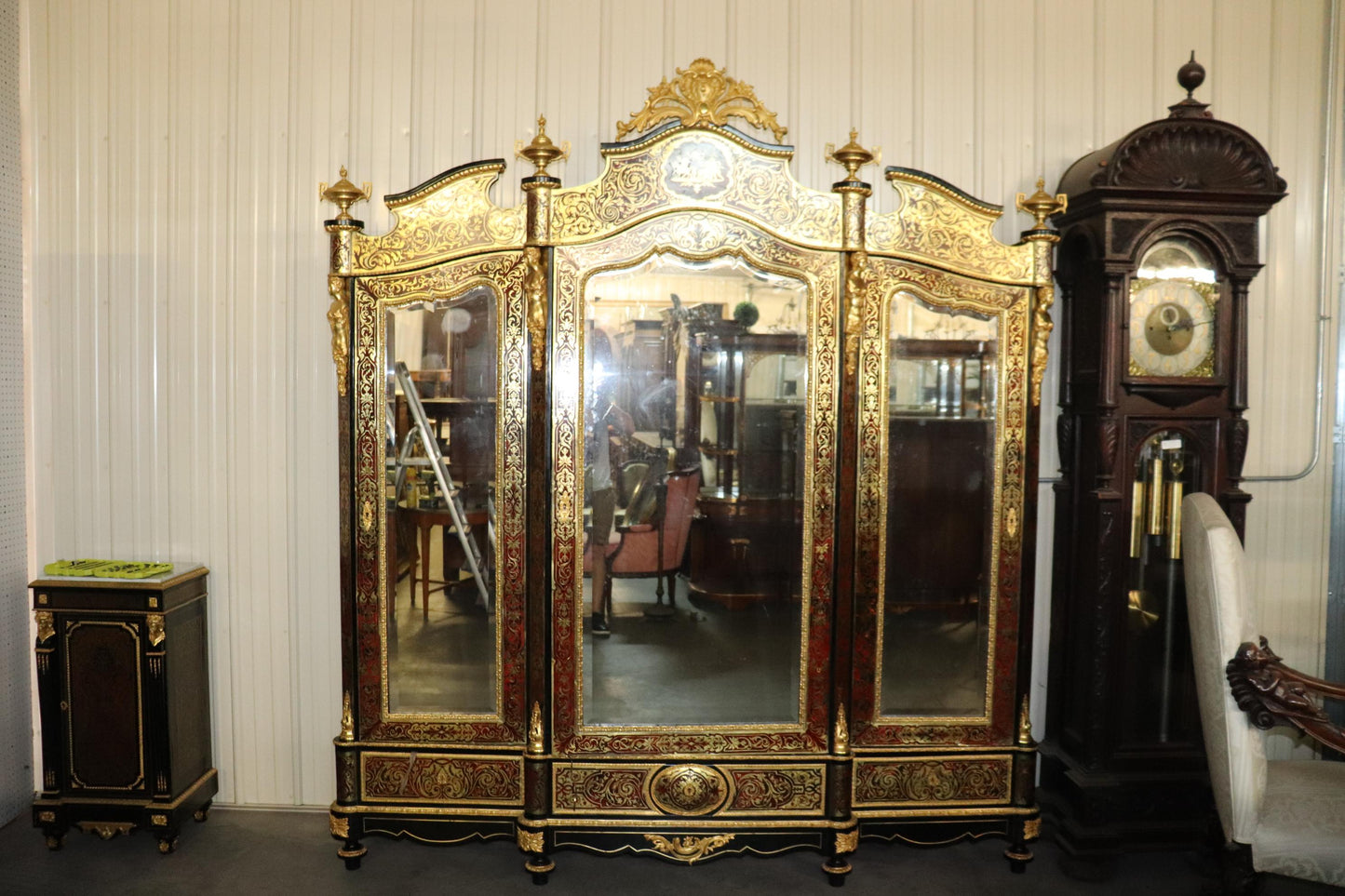 Monumental Brass Inlaid boulle Style Dor'e Figural Bronze Mirrored Armoire