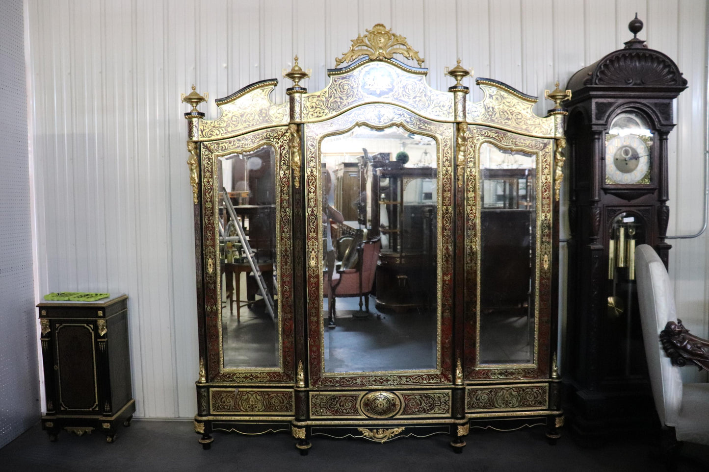 Monumental Brass Inlaid boulle Style Dor'e Figural Bronze Mirrored Armoire