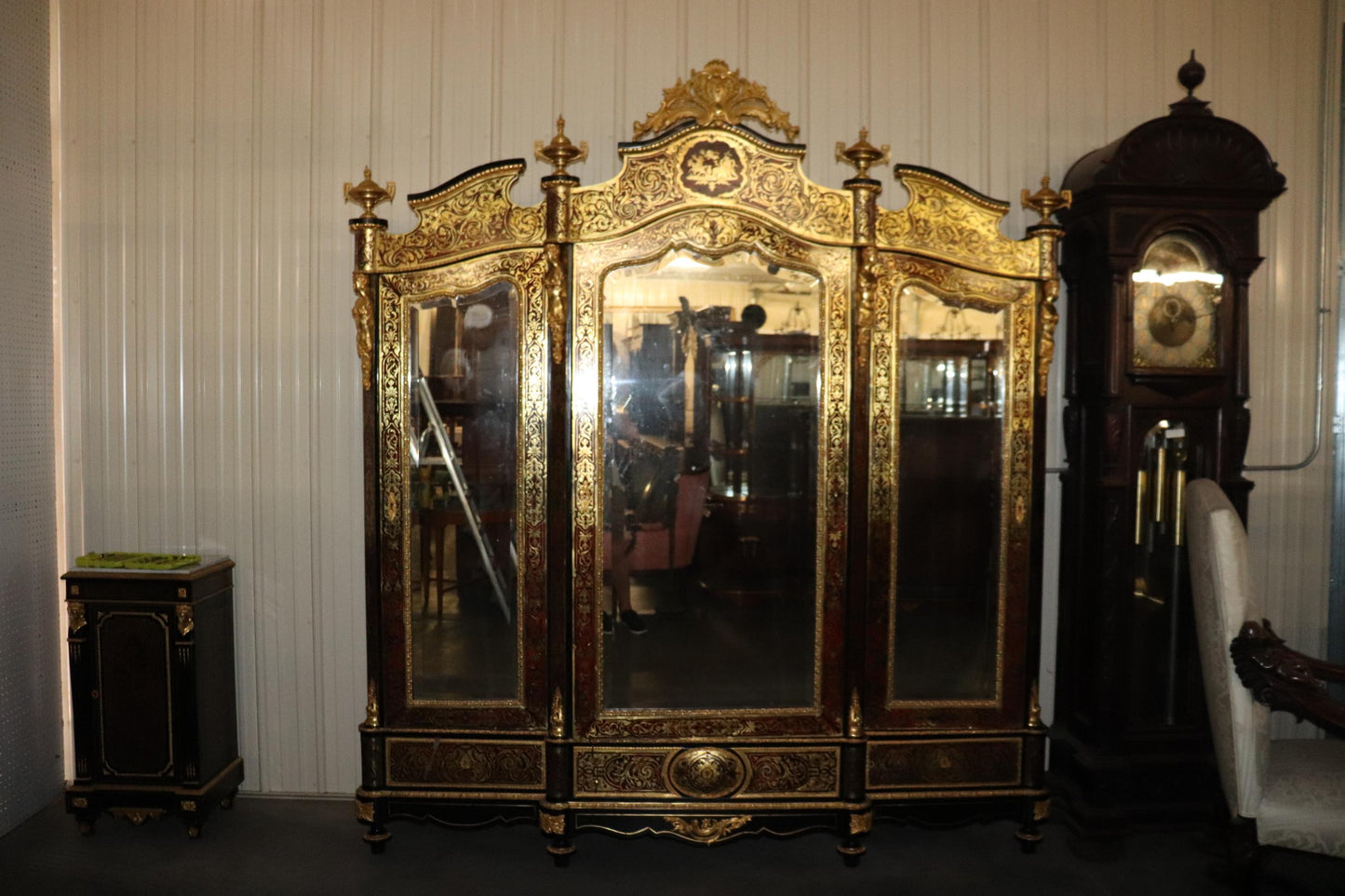 Monumental Brass Inlaid boulle Style Dor'e Figural Bronze Mirrored Armoire