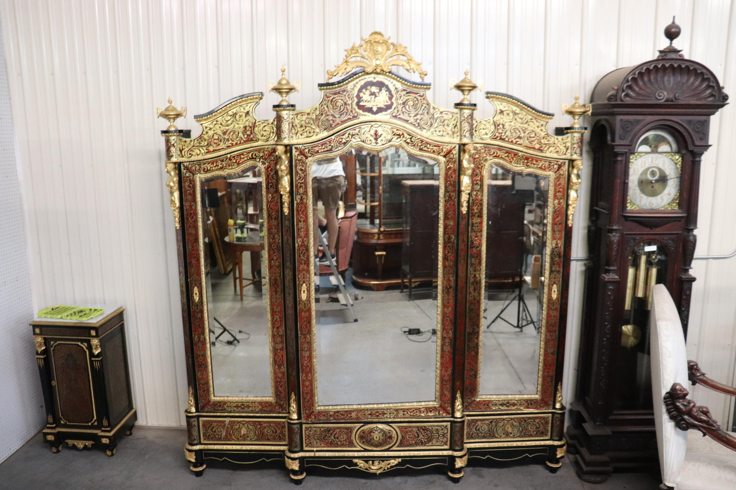 Monumental Brass Inlaid boulle Style Dor'e Figural Bronze Mirrored Armoire